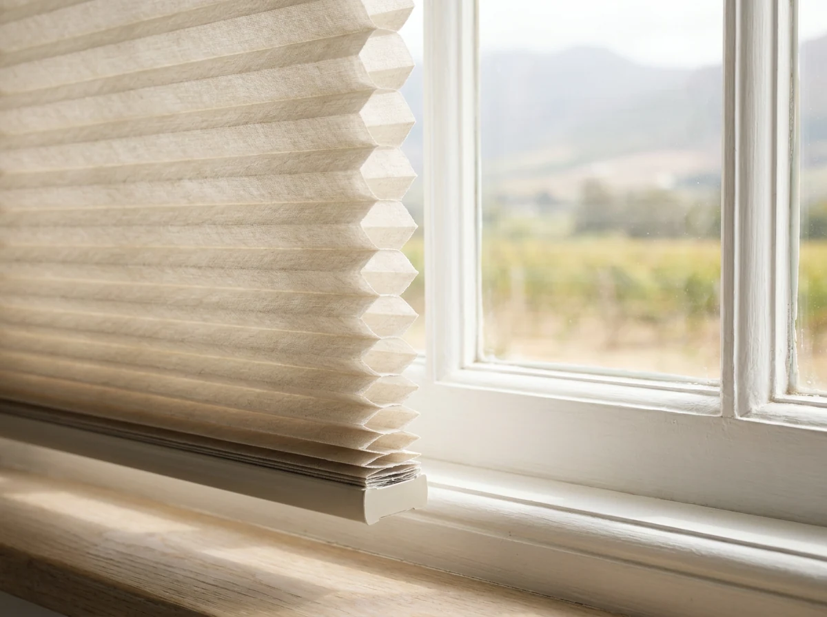 Honeycomb cellular blind with visible hexagonal air-cell structure fitted on a farmhouse window near Groot Drakenstein