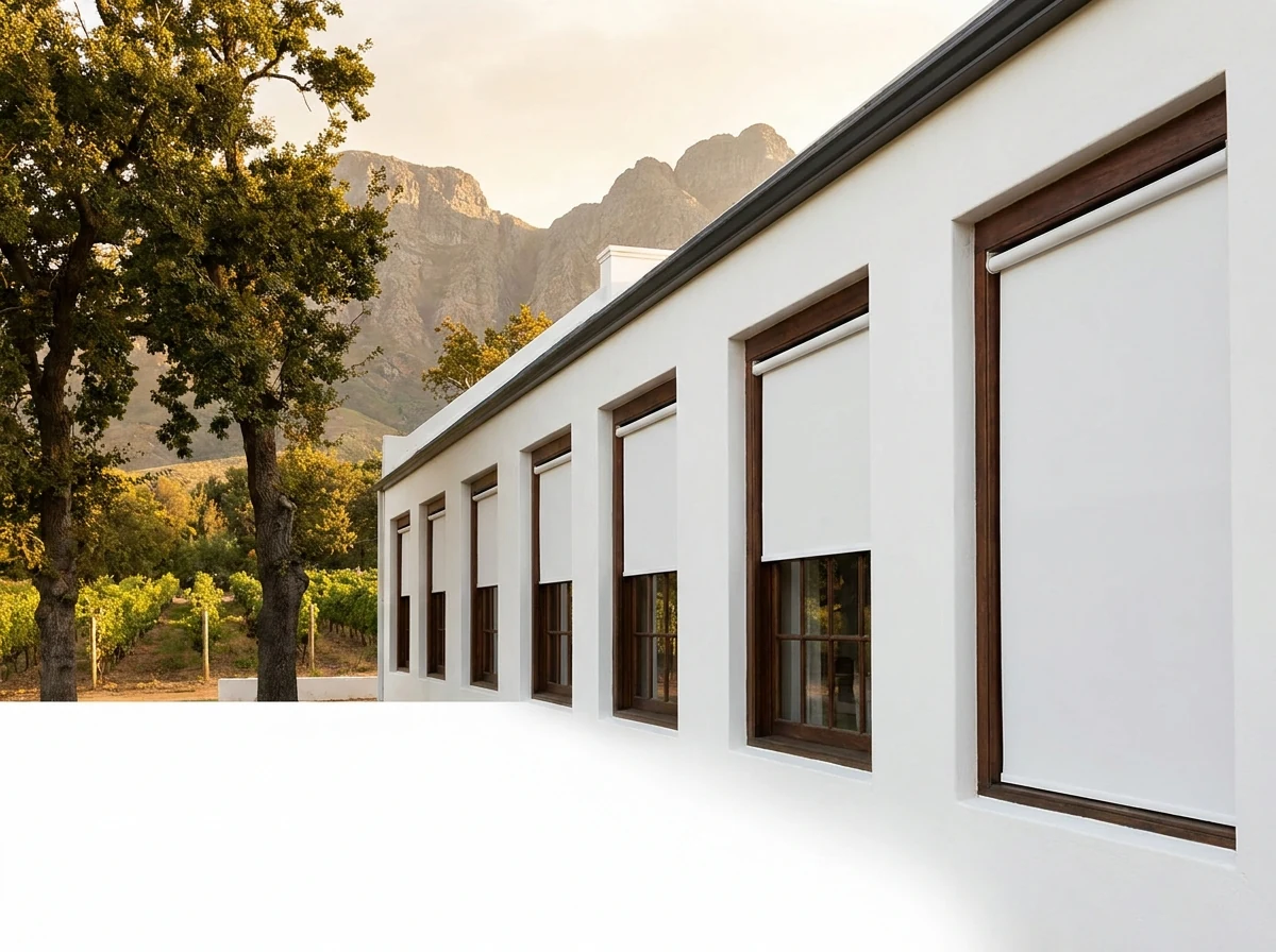 Row of farmhouse windows along a whitewashed Groot Drakenstein homestead facade, each fitted with a smooth blockout roller blind at a different height