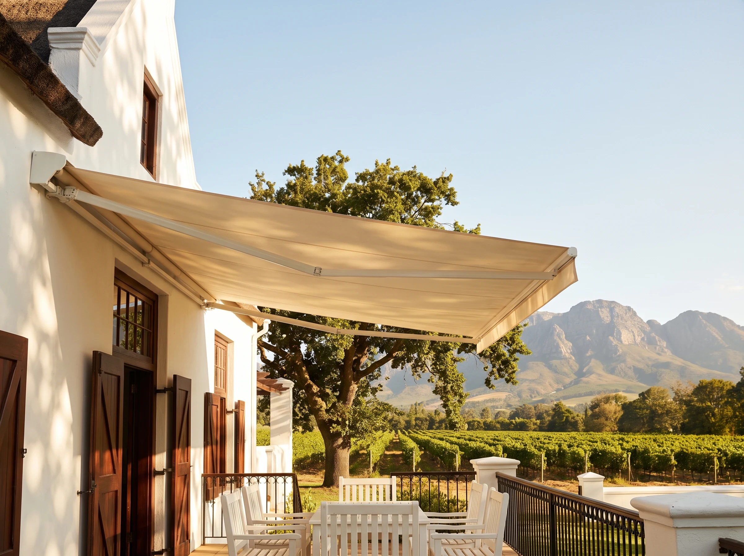 Cream folding-arm awning extended over a whitewashed farmstead stoep near Groot Drakenstein, oak tree and vineyard rows beyond, mountains in the distance