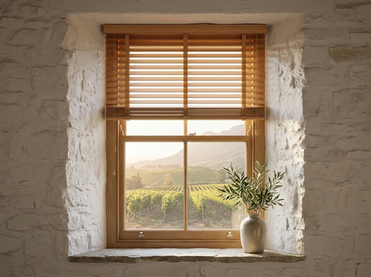 Warm timber venetian blind with basswood slats fitted on a deep-set sash window in a Groot Drakenstein farmhouse