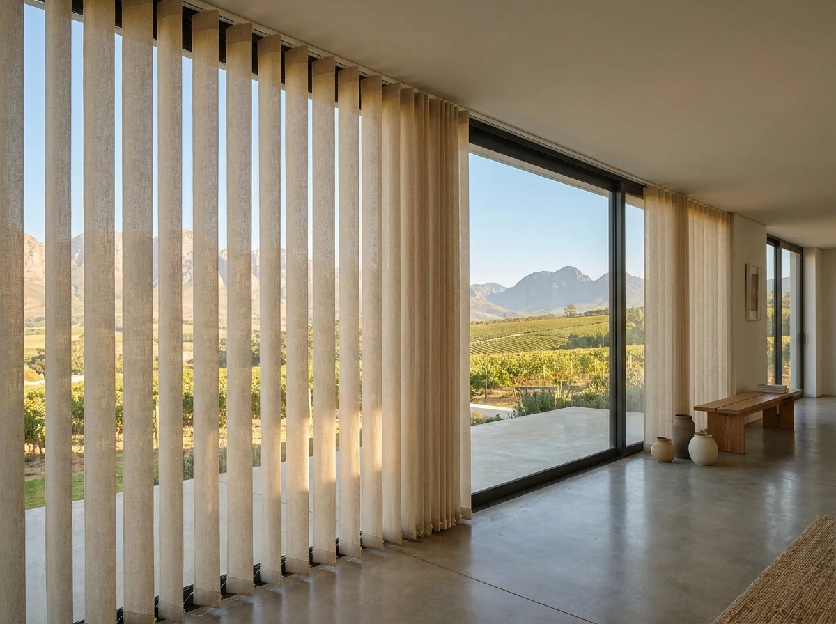 Vertical fabric blinds fitted across a wide sliding glass door in a farmstead extension near Groot Drakenstein
