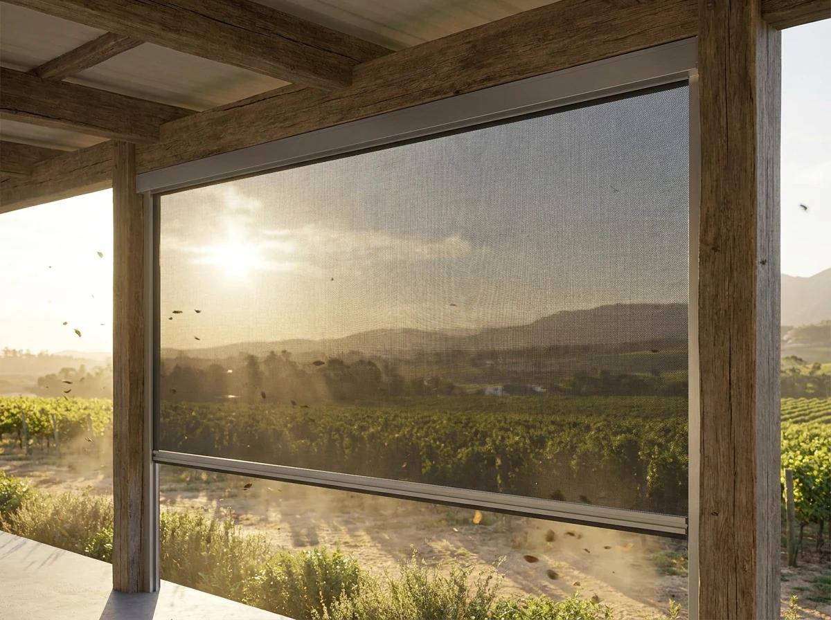 Wind-resistant zip-track outdoor screen partially lowered on a farmstead stoep near Groot Drakenstein, vineyard visible through the mesh